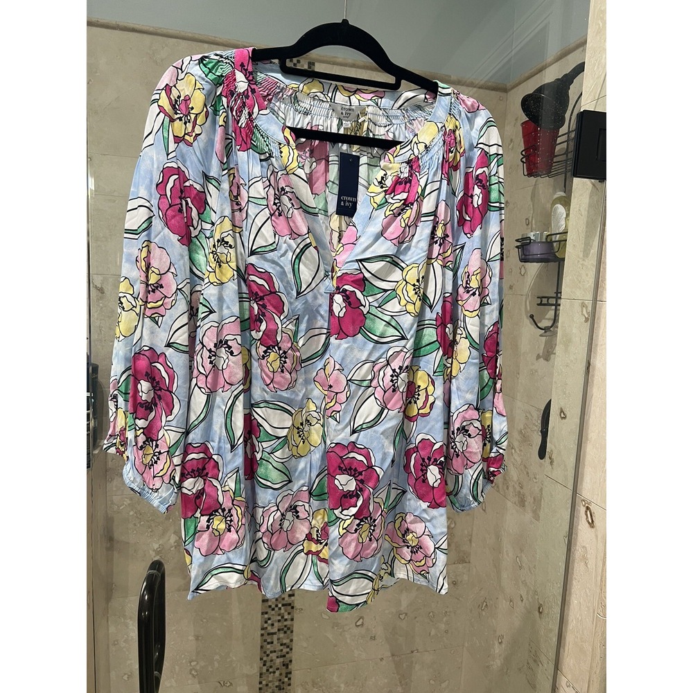 Crown & Ivy Wonka Peri Garden Party Smocked Floral Blouse Shirt Blue 2X NWT